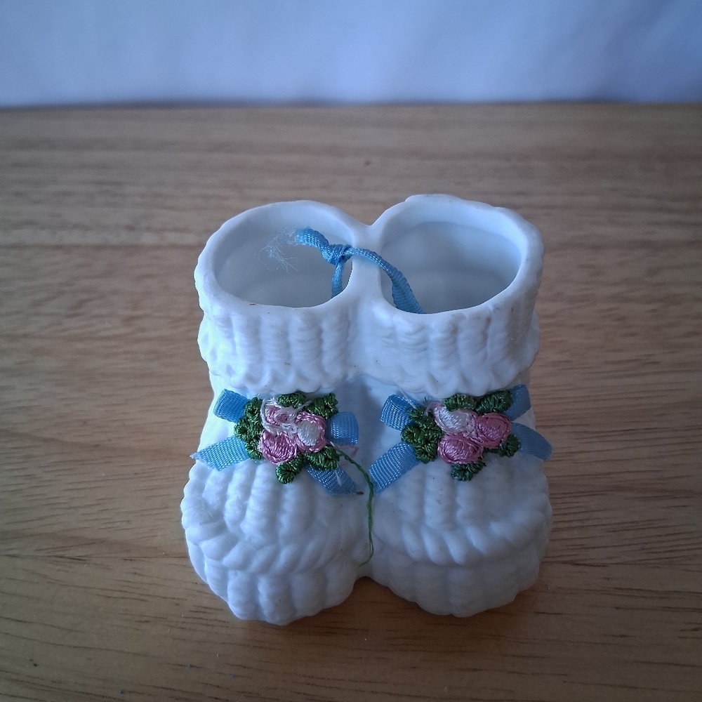 White Ceramic Baby Booties with Floral Design Christmas Ornament